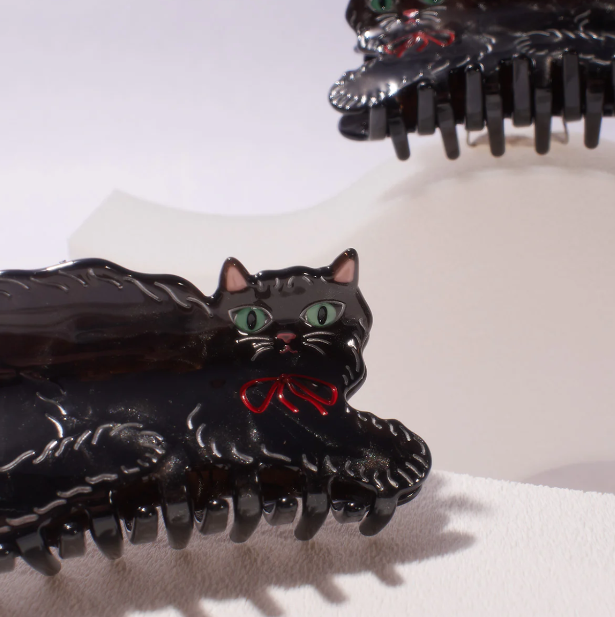 Winona Irene Hair Claw - "Black Shimmering Cute Kitty Cat With Red Bow"