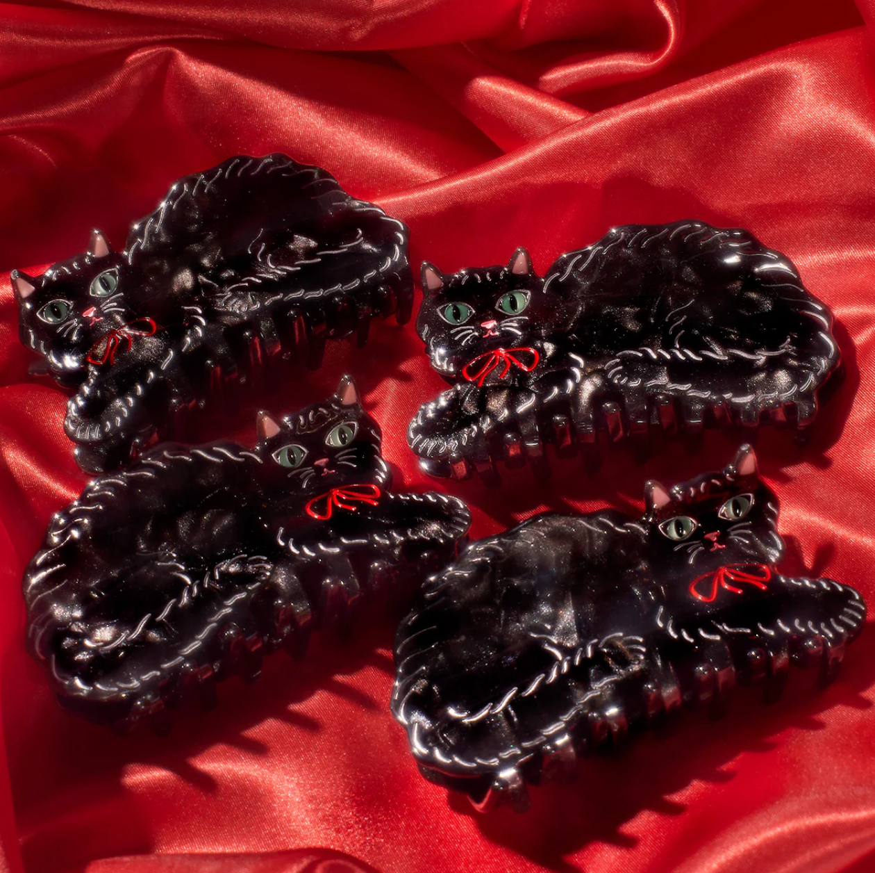 Winona Irene Hair Claw - "Black Shimmering Cute Kitty Cat With Red Bow"
