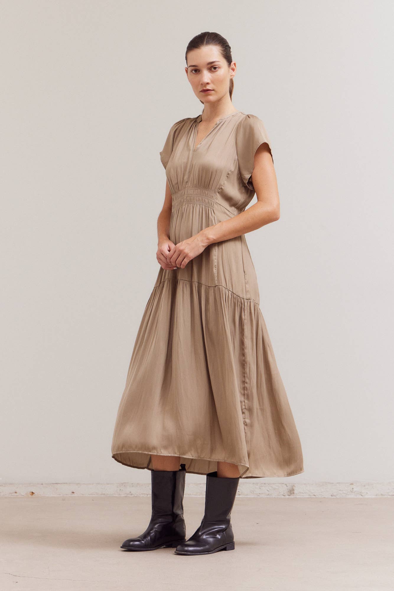 Ruffle Satin Midi Dress in Taupe Silk