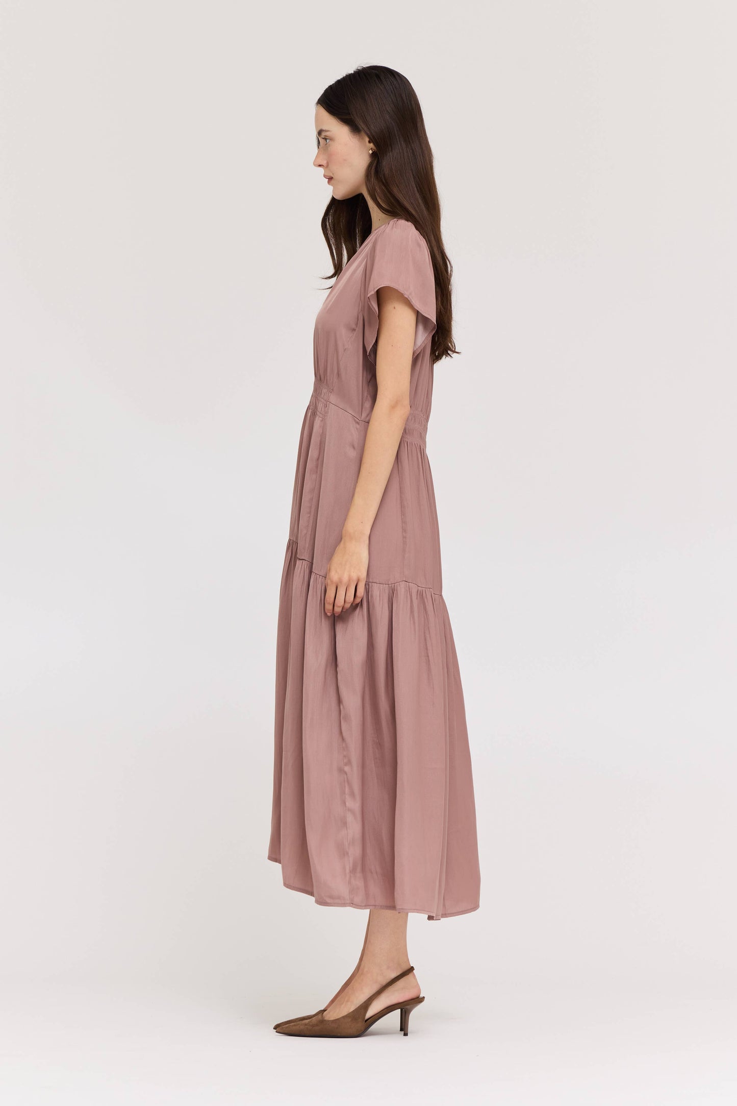 RUFFLE SATIN MIDI DRESS: DUSTY LILAC LARGE