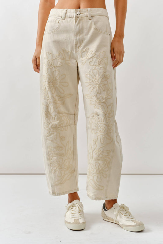 EMBROIDERED DETAIL COTTON BARREL PANTS IN BEIGE