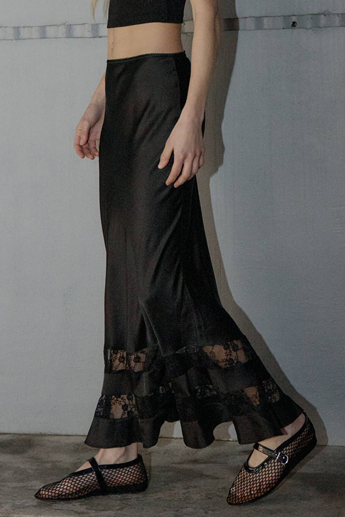 Satin Lace Trim Midi Skirt - BLACK