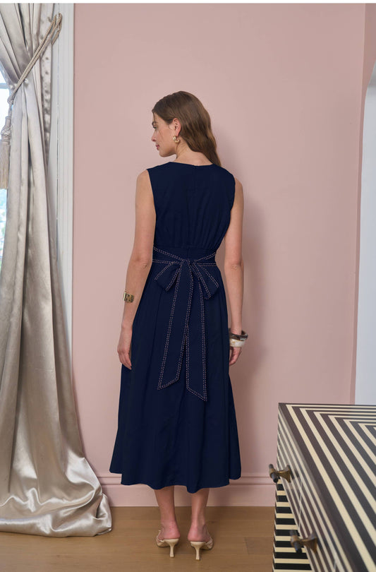 TIE BACK CONTRAST STITCH MIDI DRESS: DARK NAVY