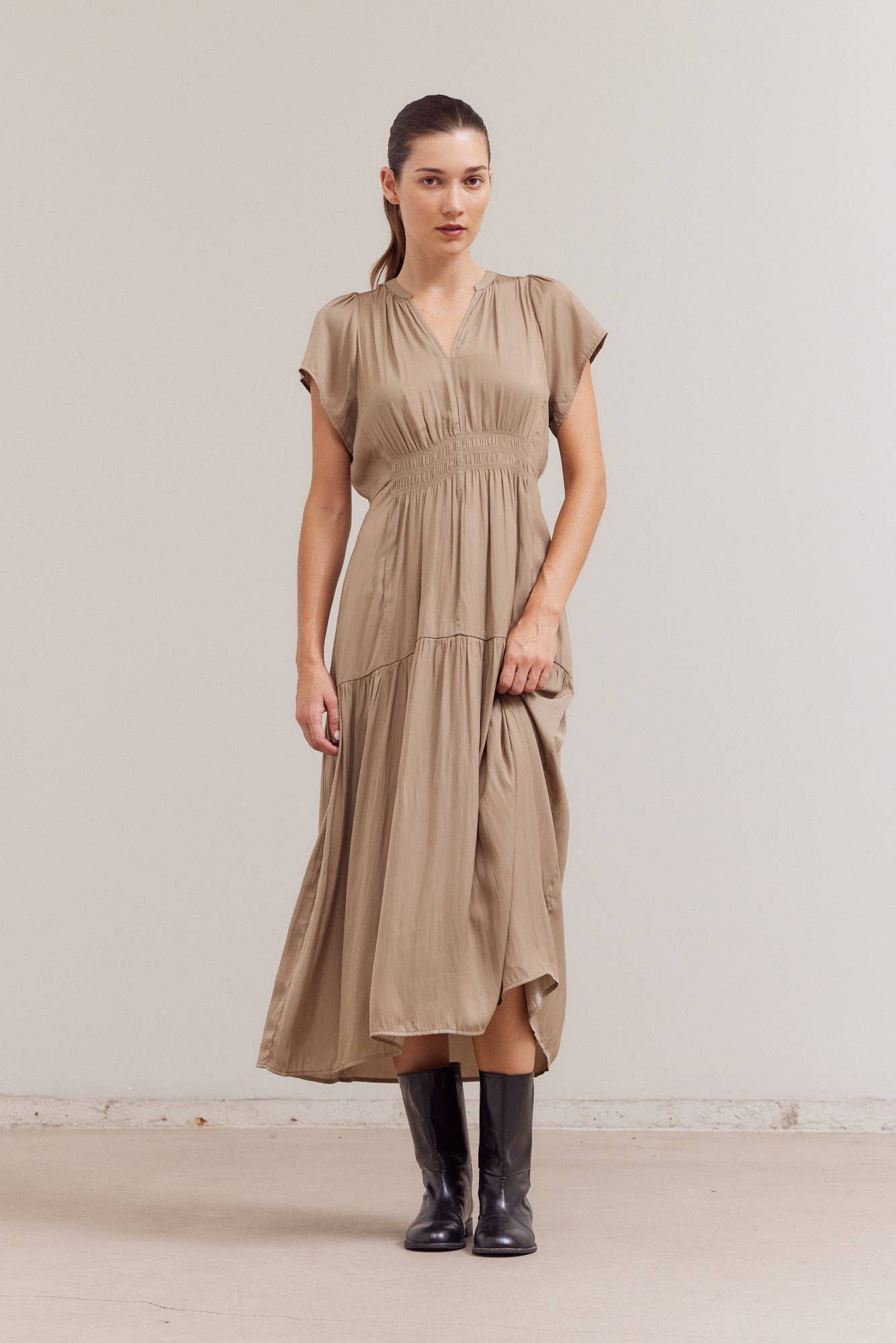 Ruffle Satin Midi Dress in Taupe Silk