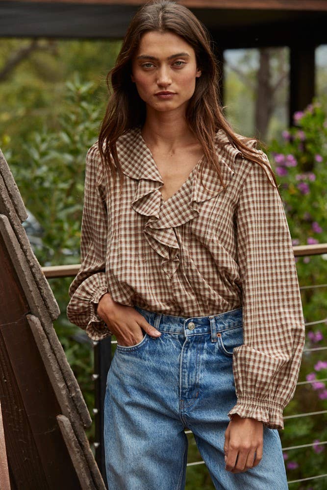Woven Cotton Gingham Ruffled Blouse in Brown