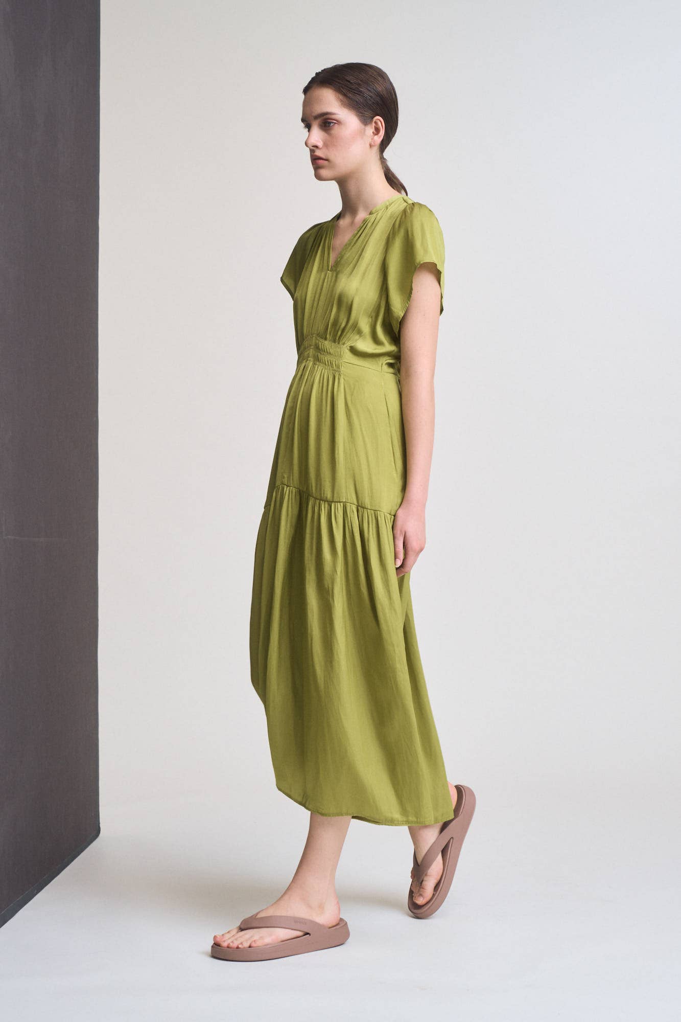 RUFFLE SATIN MIDI DRESS: GREEN MOSS SMALL