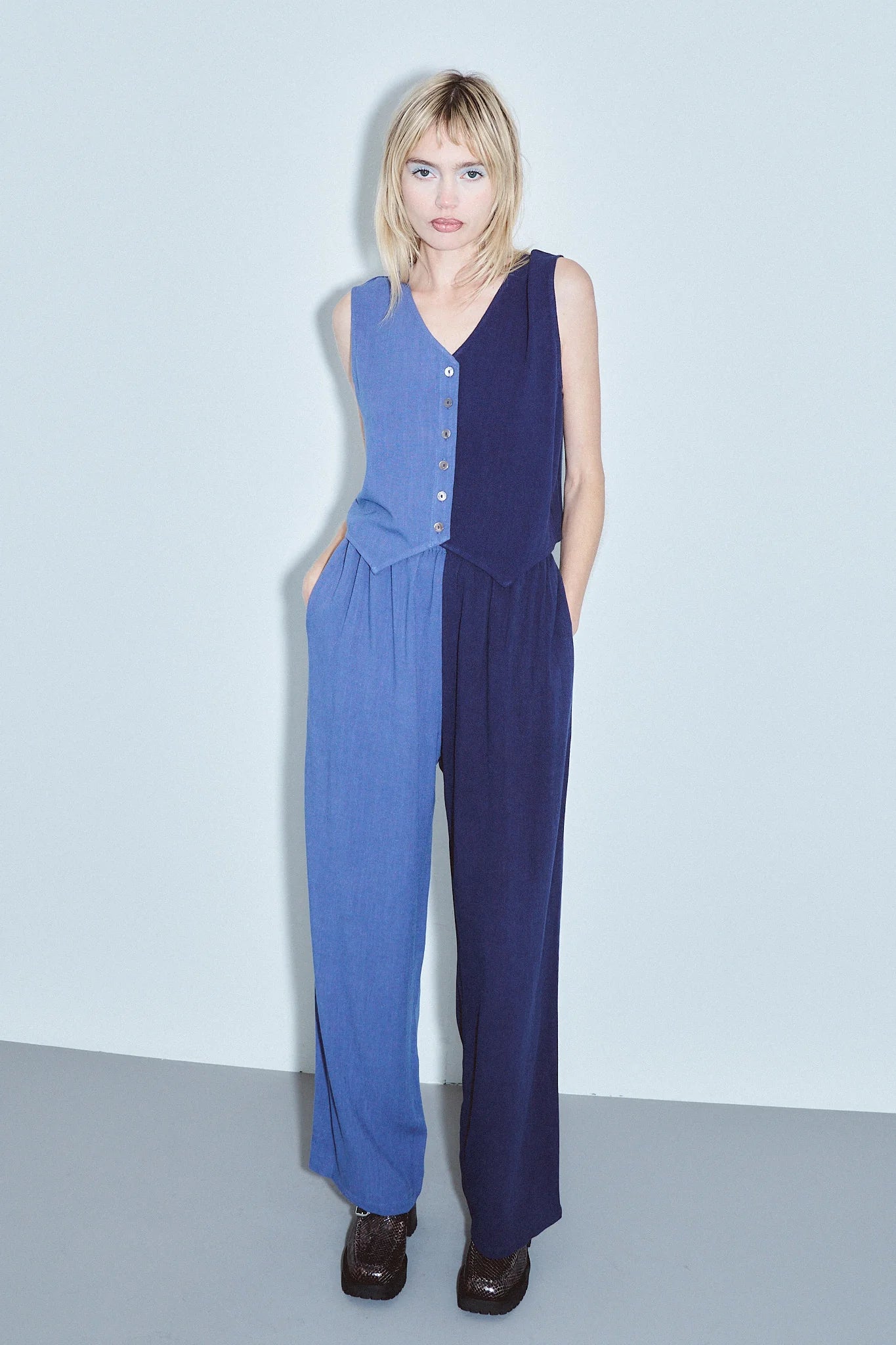 Fashion Branc Company Vest & Pants Soft Linen Lazy Pants Set Blue/Navy