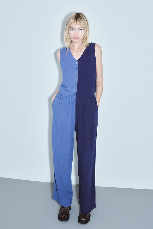 Fashion Branc Company Vest & Pants Soft Linen Lazy Pants Set Blue/Navy