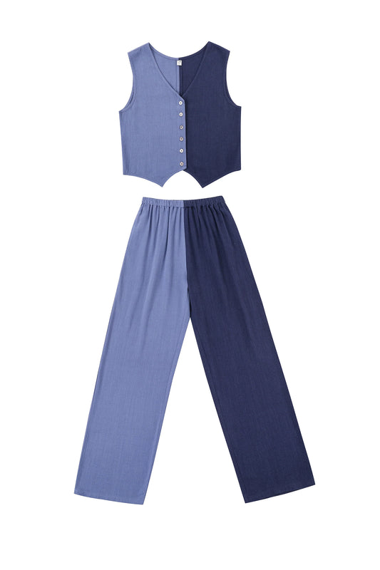 Fashion Branc Company Vest & Pants Soft Linen Lazy Pants Set Blue/Navy