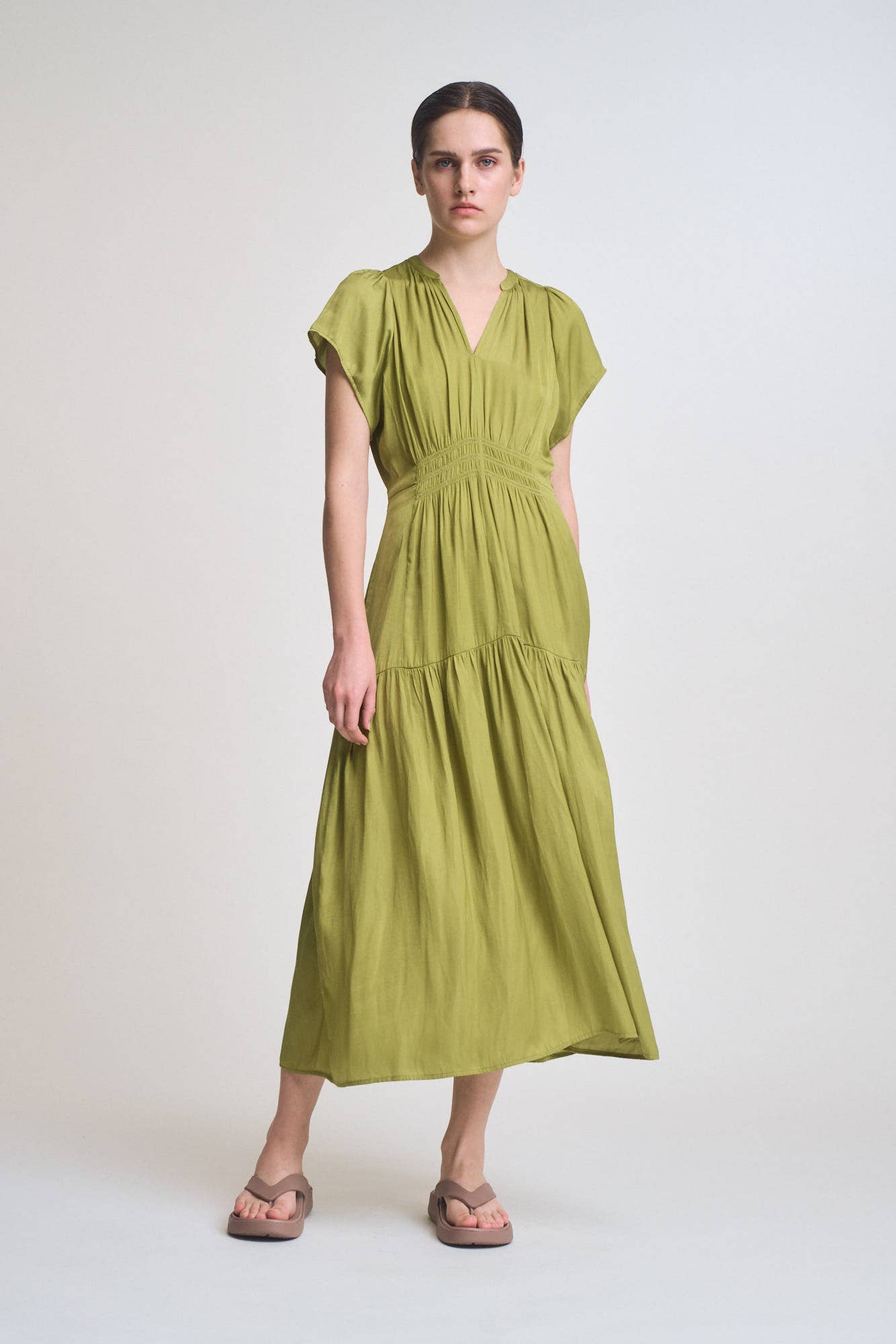 RUFFLE SATIN MIDI DRESS: GREEN MOSS SMALL