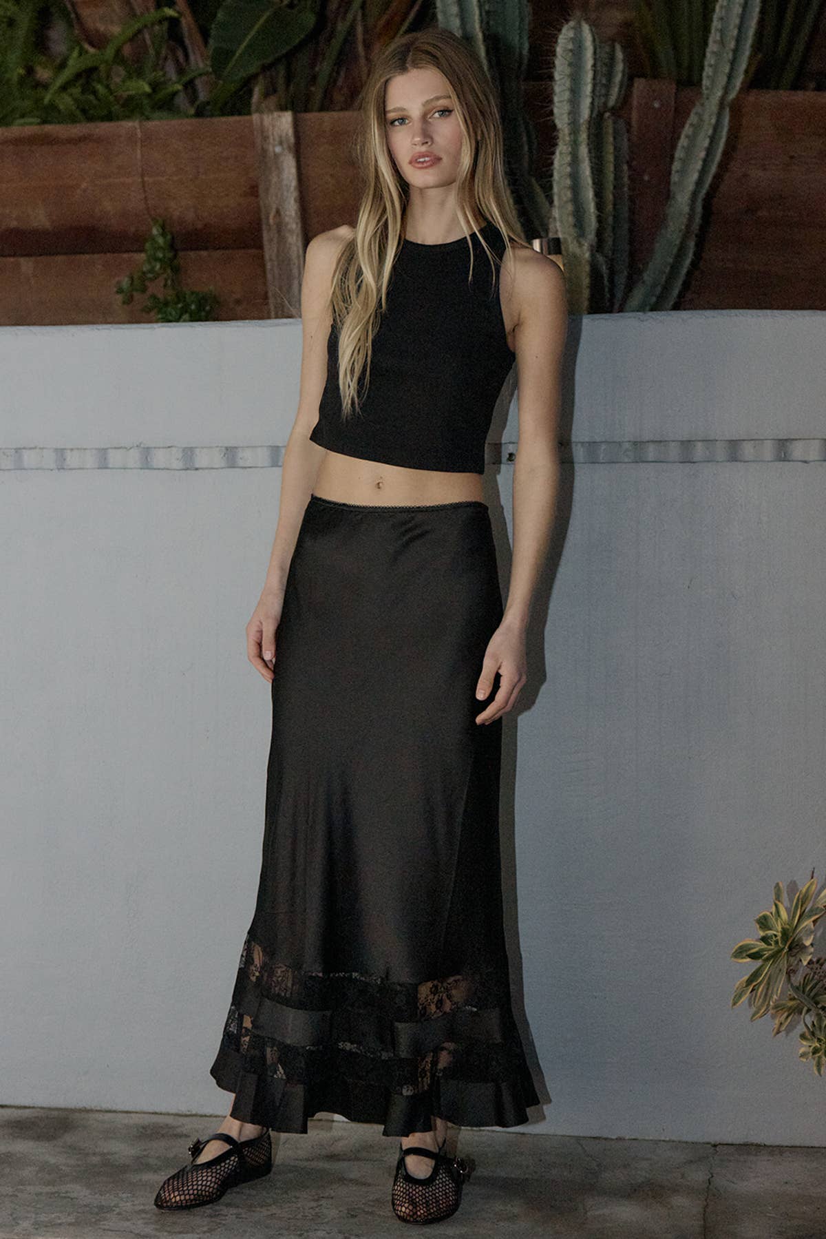 Satin Lace Trim Midi Skirt - BLACK