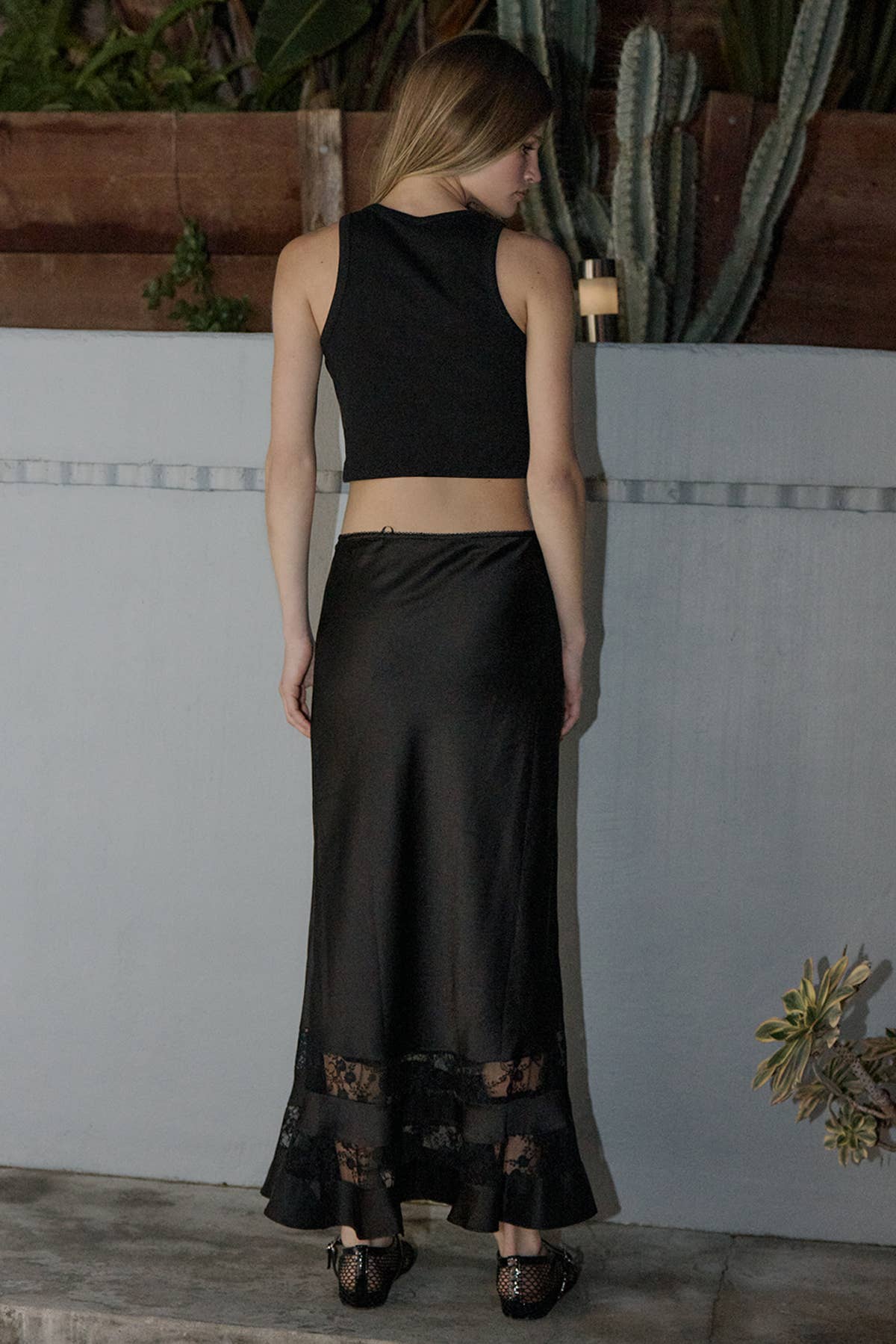 Satin Lace Trim Midi Skirt - BLACK