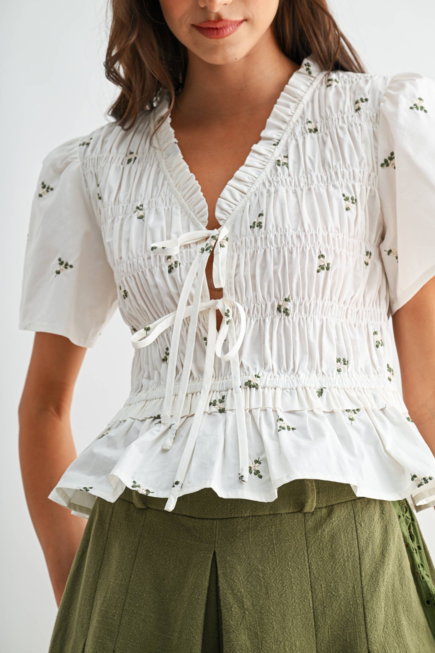 Embroidered Cotton Peplum Blouse with Pleated: IVORY MULTI