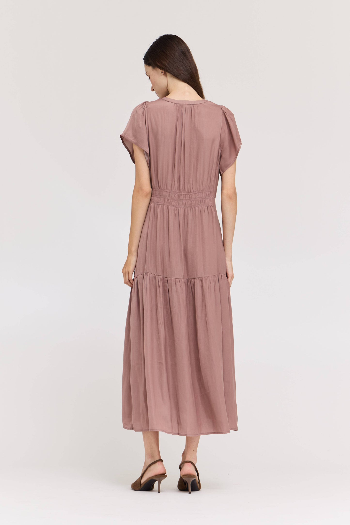 RUFFLE SATIN MIDI DRESS: DUSTY LILAC LARGE