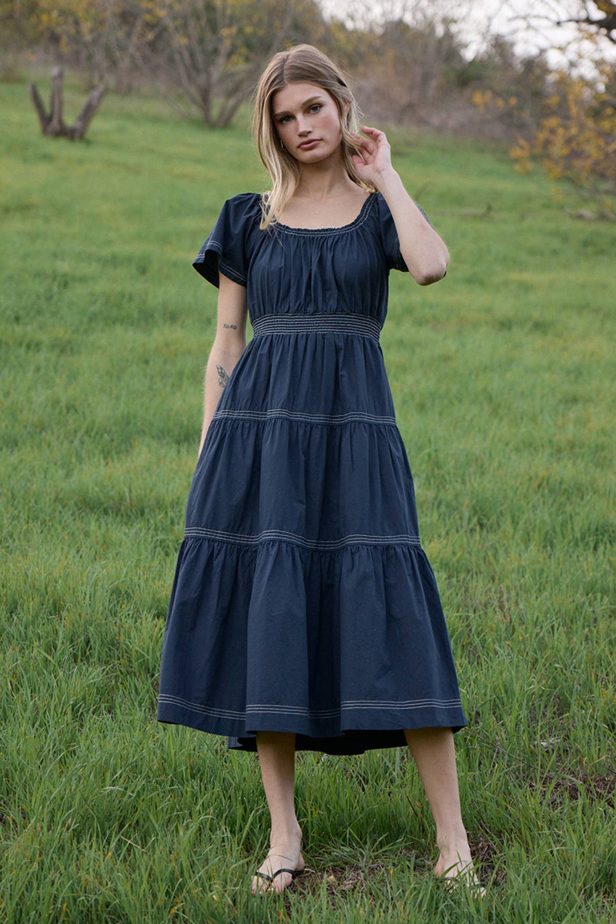 Smocked Waist Tiered Midi Dress - NAVY