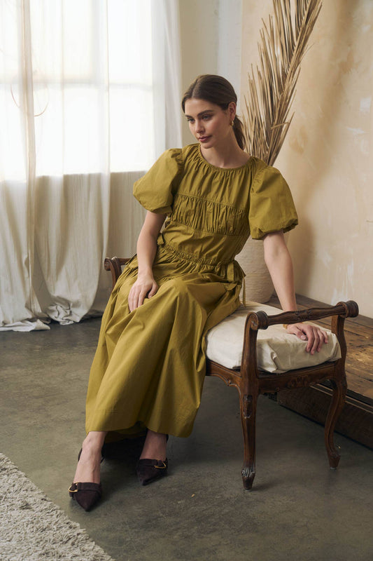 ROUND NECK PUFF SLEEVE SIDE TIE MIDI DRESS: CITRON