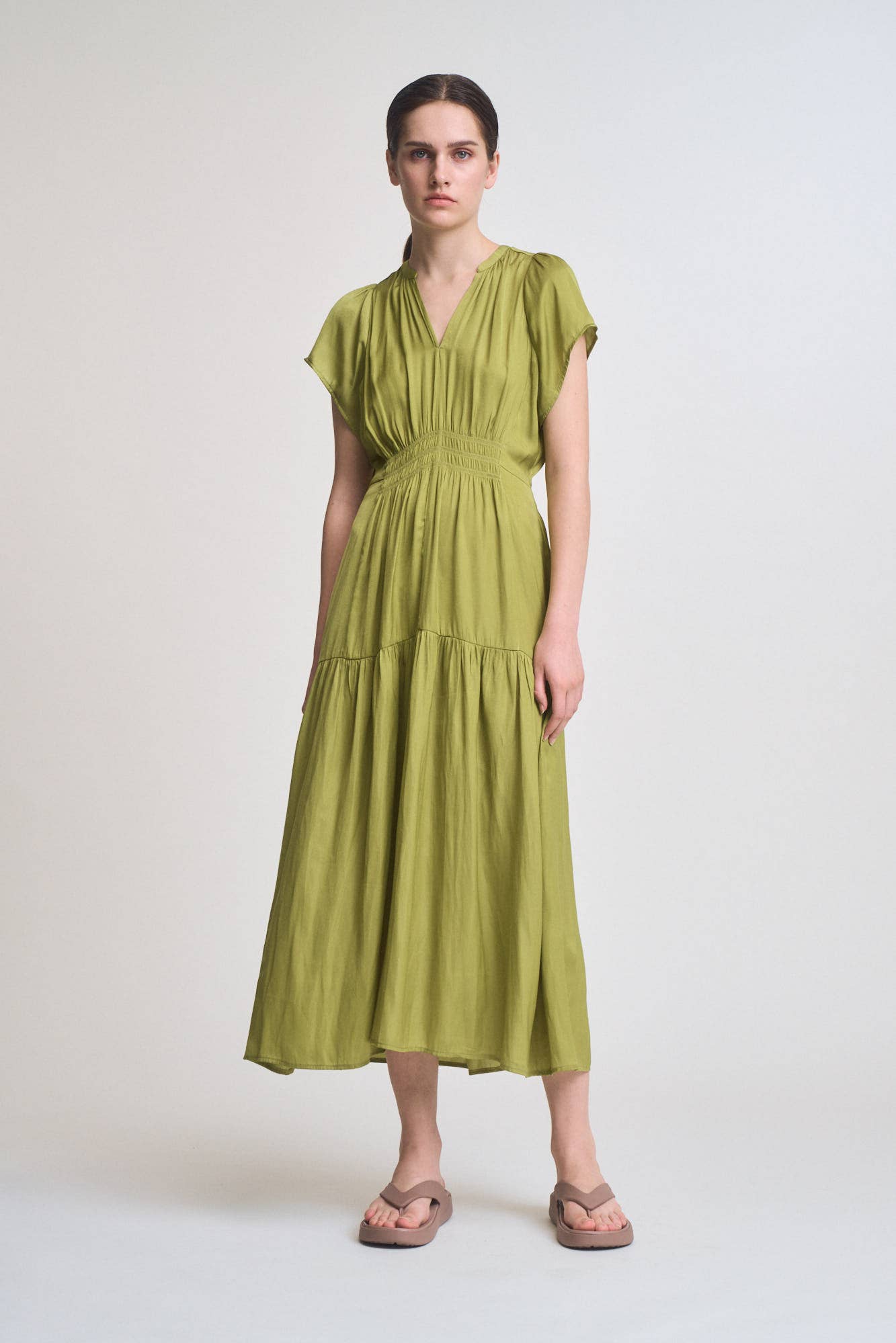 RUFFLE SATIN MIDI DRESS: GREEN MOSS SMALL