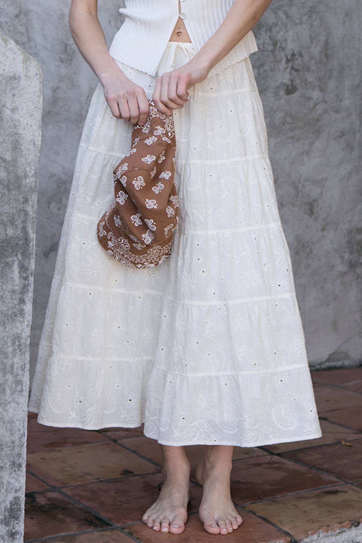 Tiered Eyelet Cotton Maxi Skirt - IVORY
