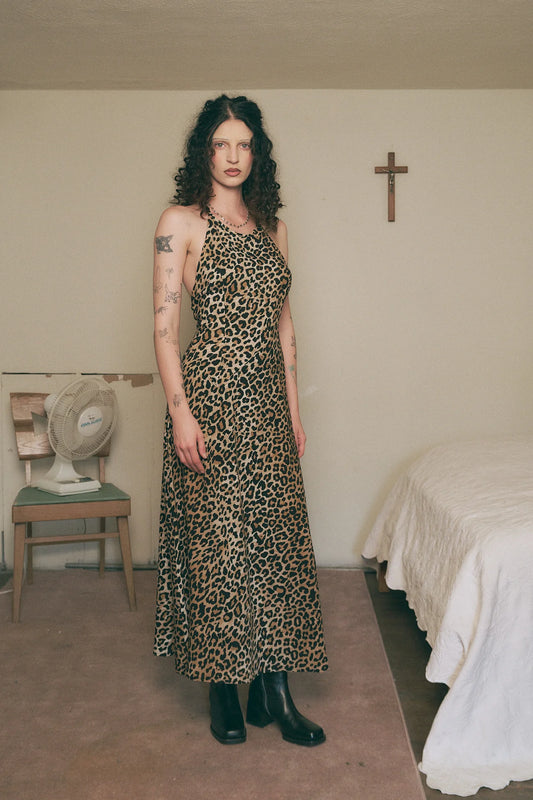 Fashion Brand Company Leopard Halter Soft Linen Resort Maxi Dress