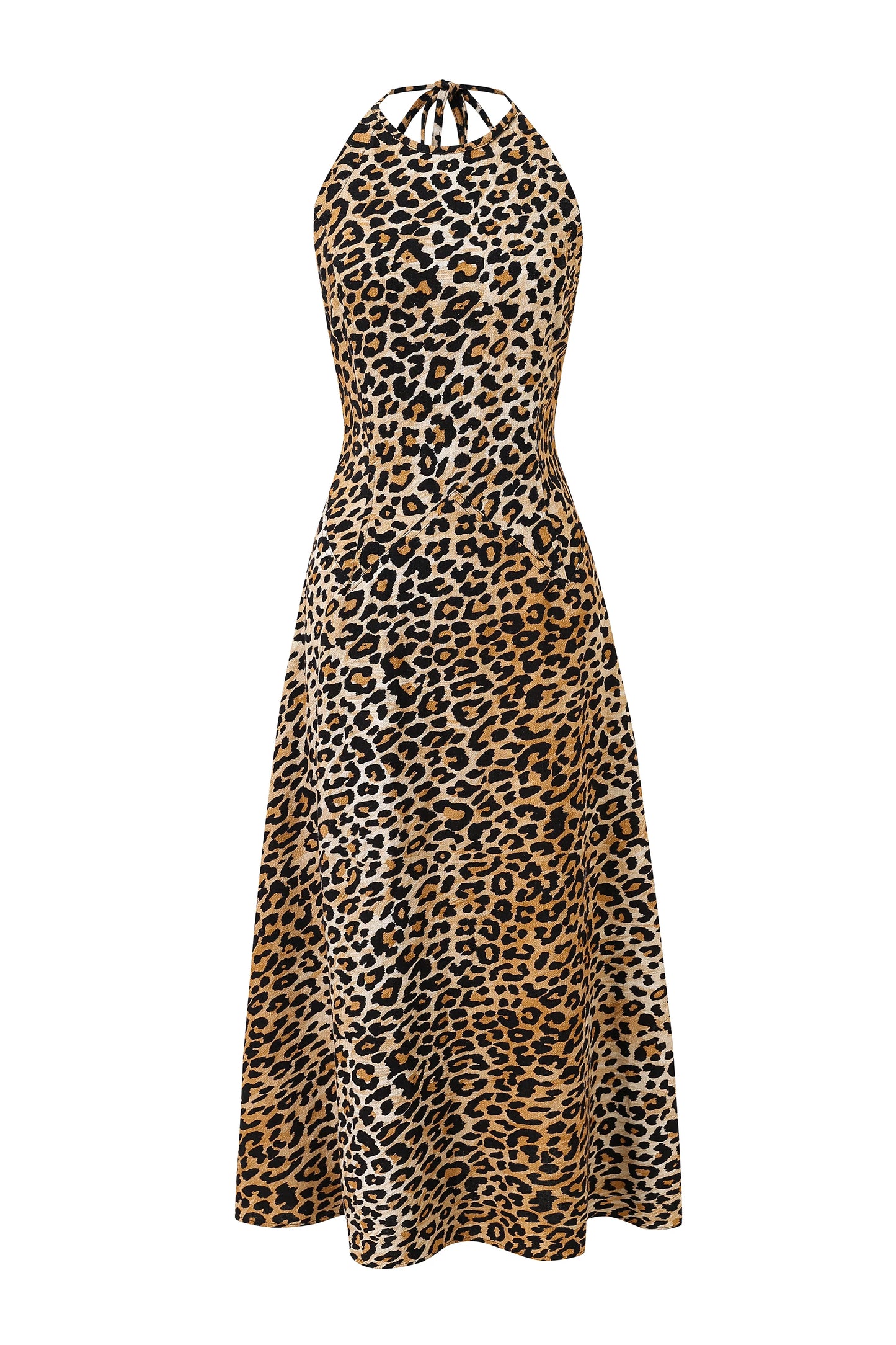 Fashion Brand Company Leopard Halter Soft Linen Resort Maxi Dress