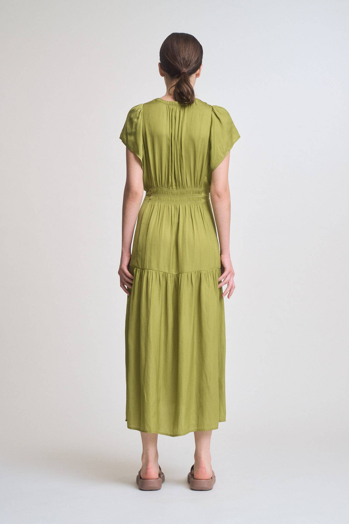 RUFFLE SATIN MIDI DRESS: GREEN MOSS SMALL