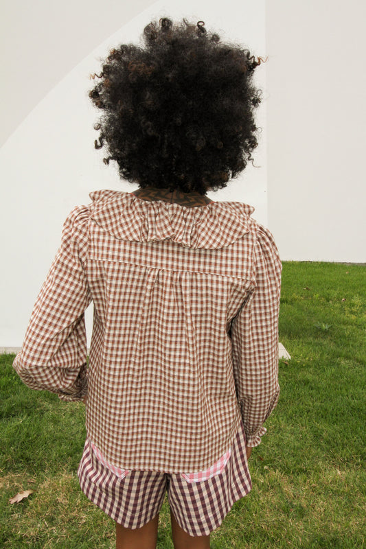 Woven Cotton Gingham Ruffled Blouse in Brown