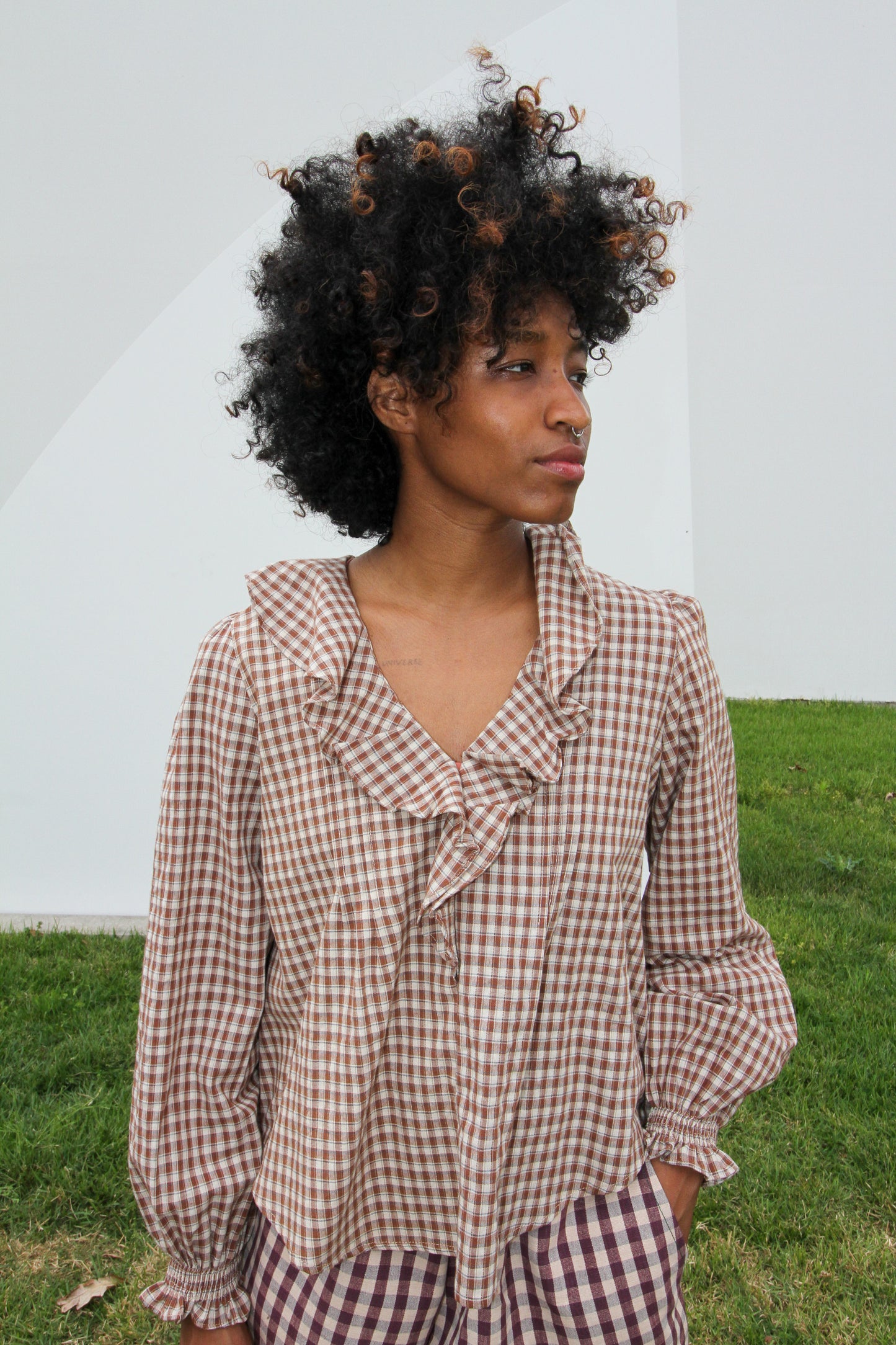 Woven Cotton Gingham Ruffled Blouse in Brown