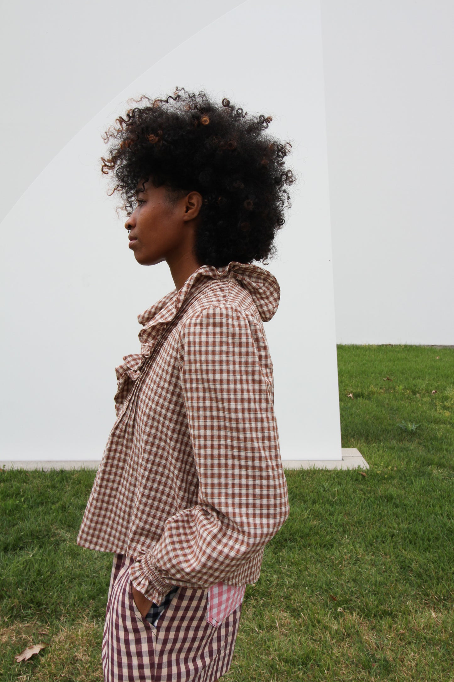 Woven Cotton Gingham Ruffled Blouse in Brown
