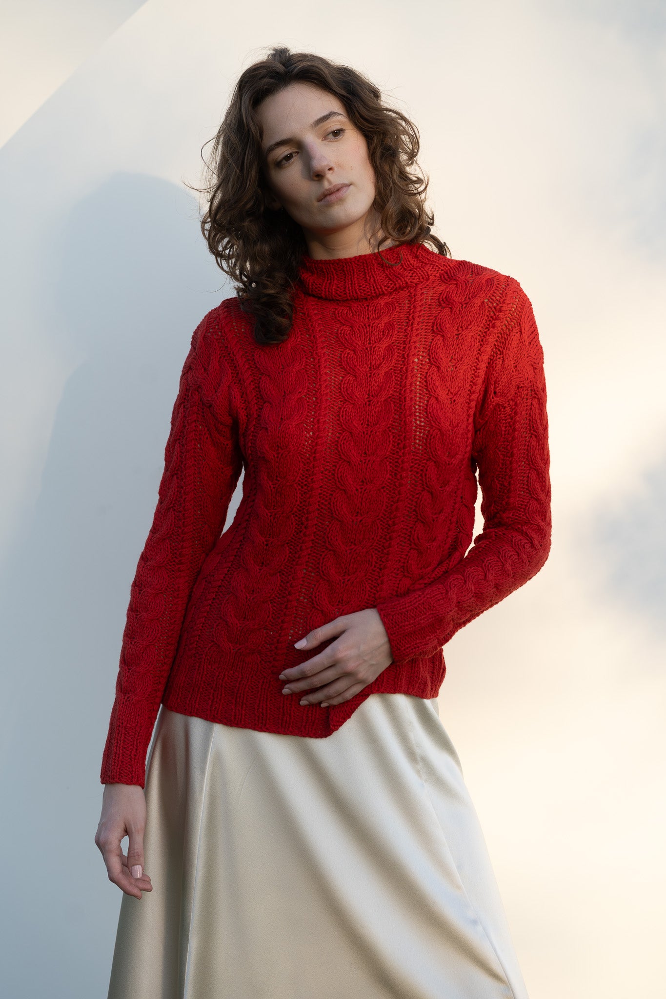 Eudora Cable Sweater in Serrano Red Cotton