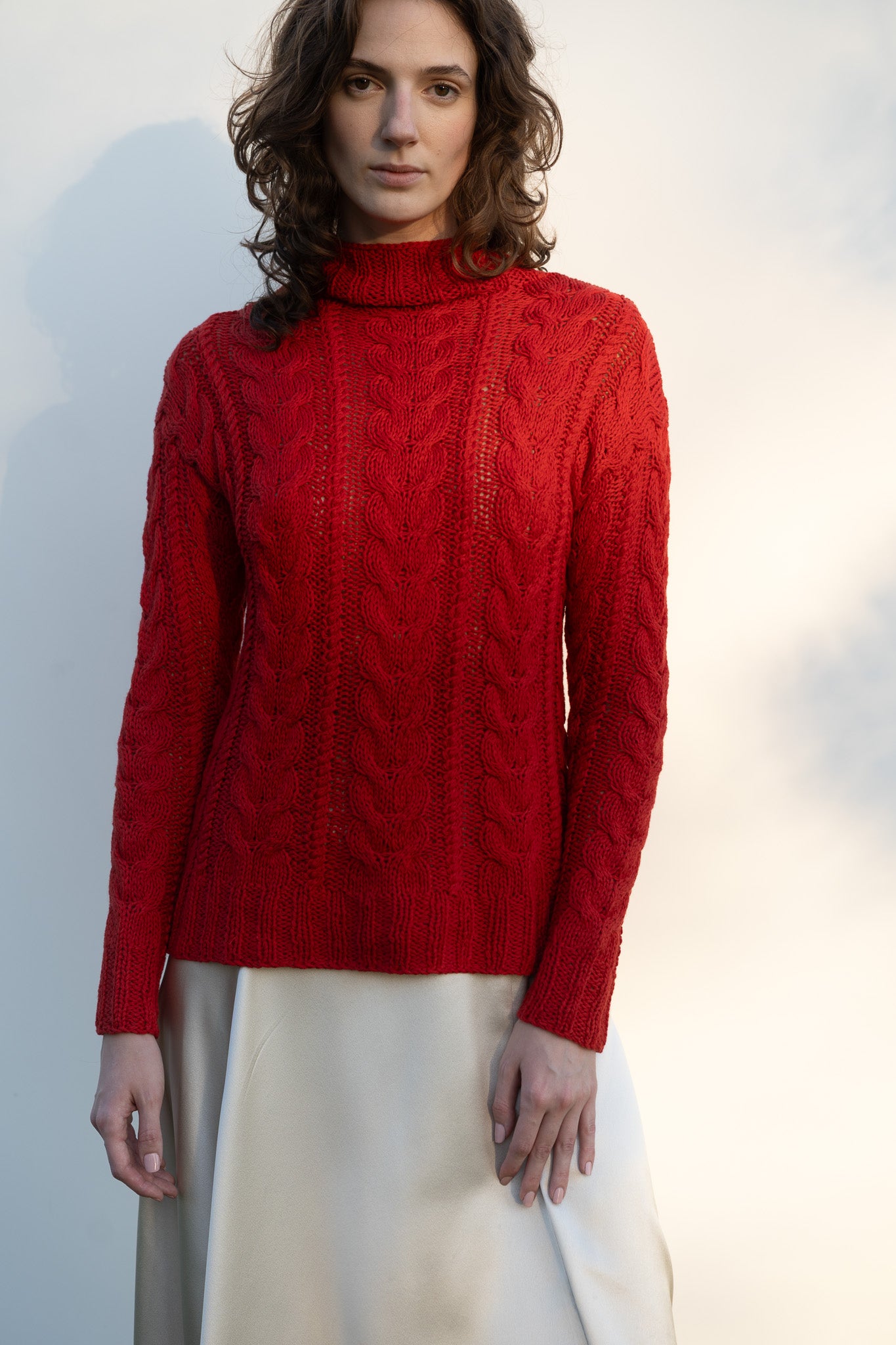 Eudora Cable Sweater in Serrano Red Cotton