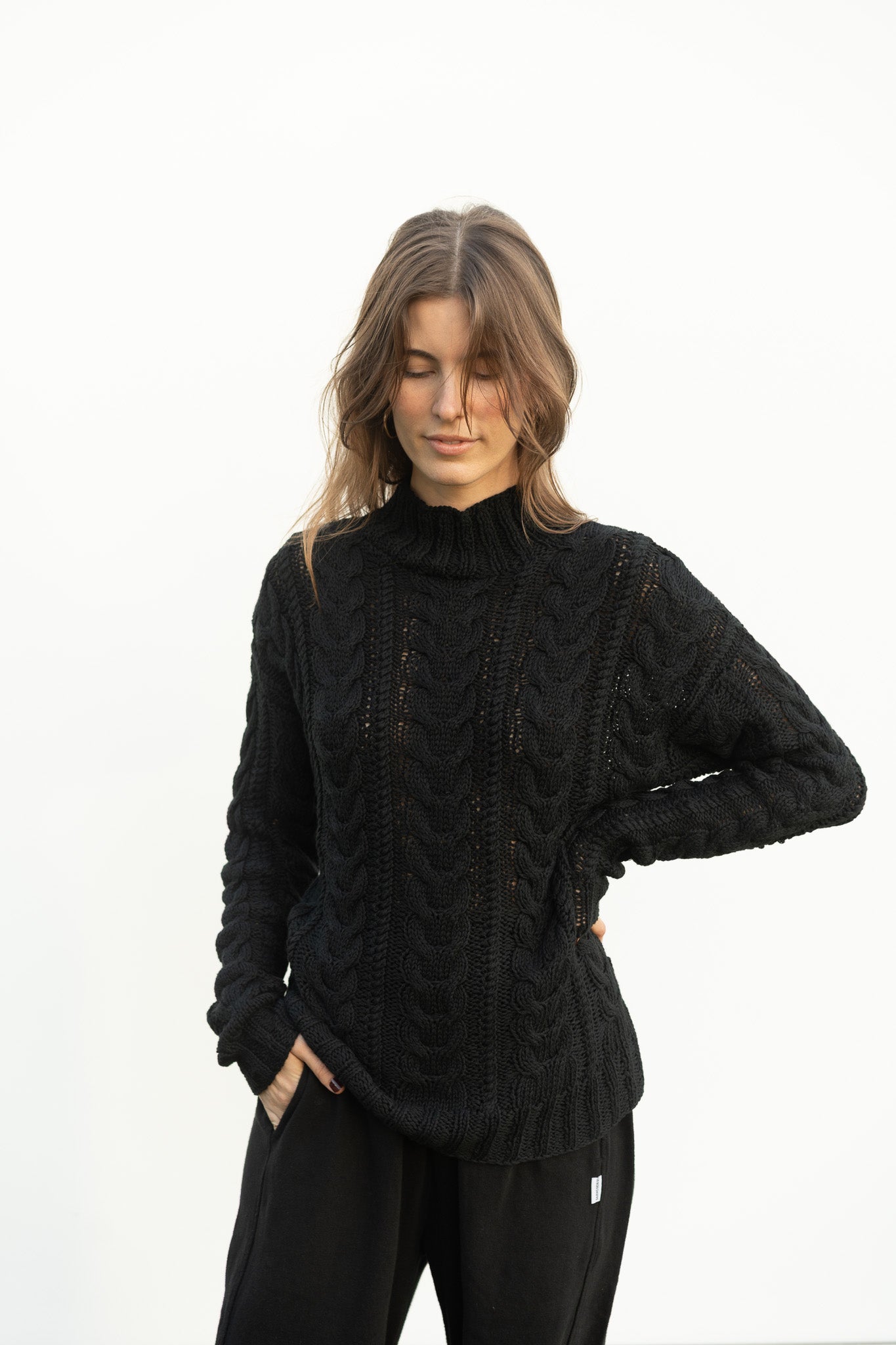Eudora Cable Sweater in Black Cotton