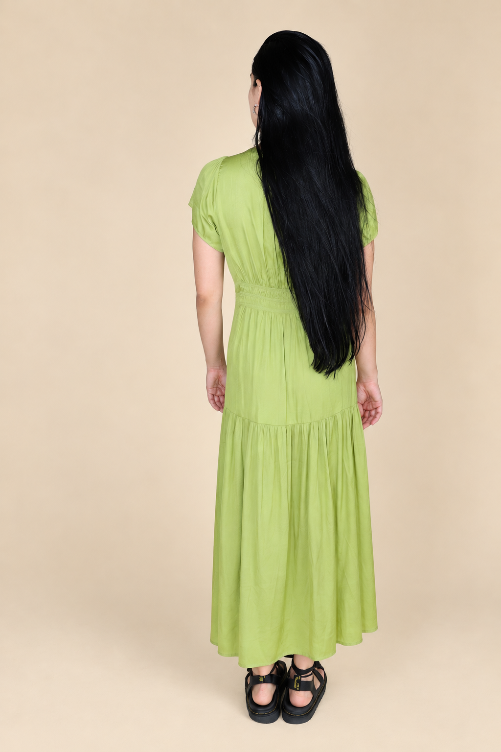 RUFFLE SATIN MIDI DRESS: GREEN MOSS