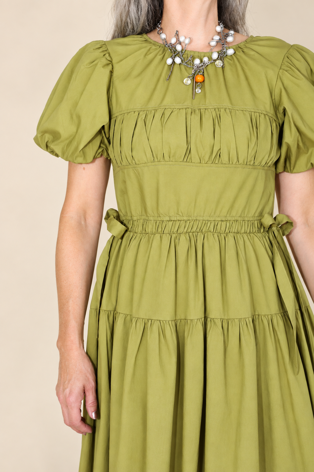 PUFF SLEEVE SIDE TIE MIDI DRESS in CITRON
