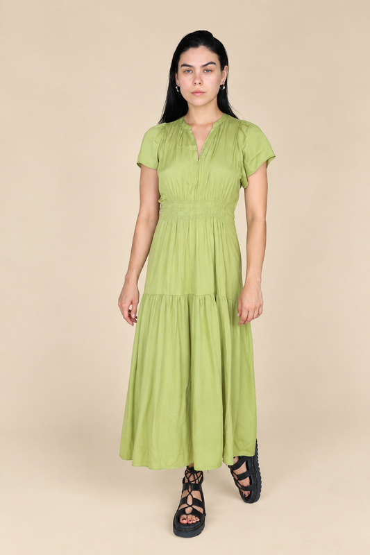 RUFFLE SATIN MIDI DRESS: GREEN MOSS