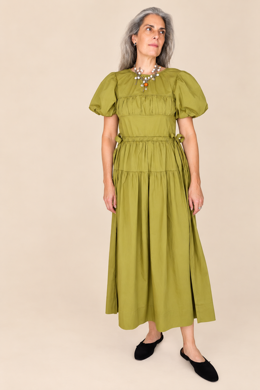 PUFF SLEEVE SIDE TIE MIDI DRESS in CITRON