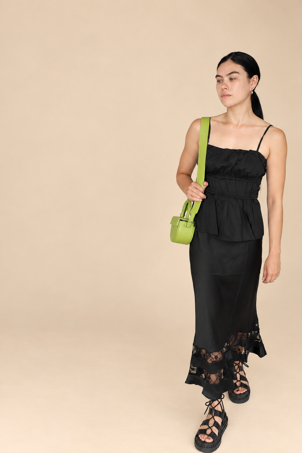 Satin Lace Trim Midi Skirt in black