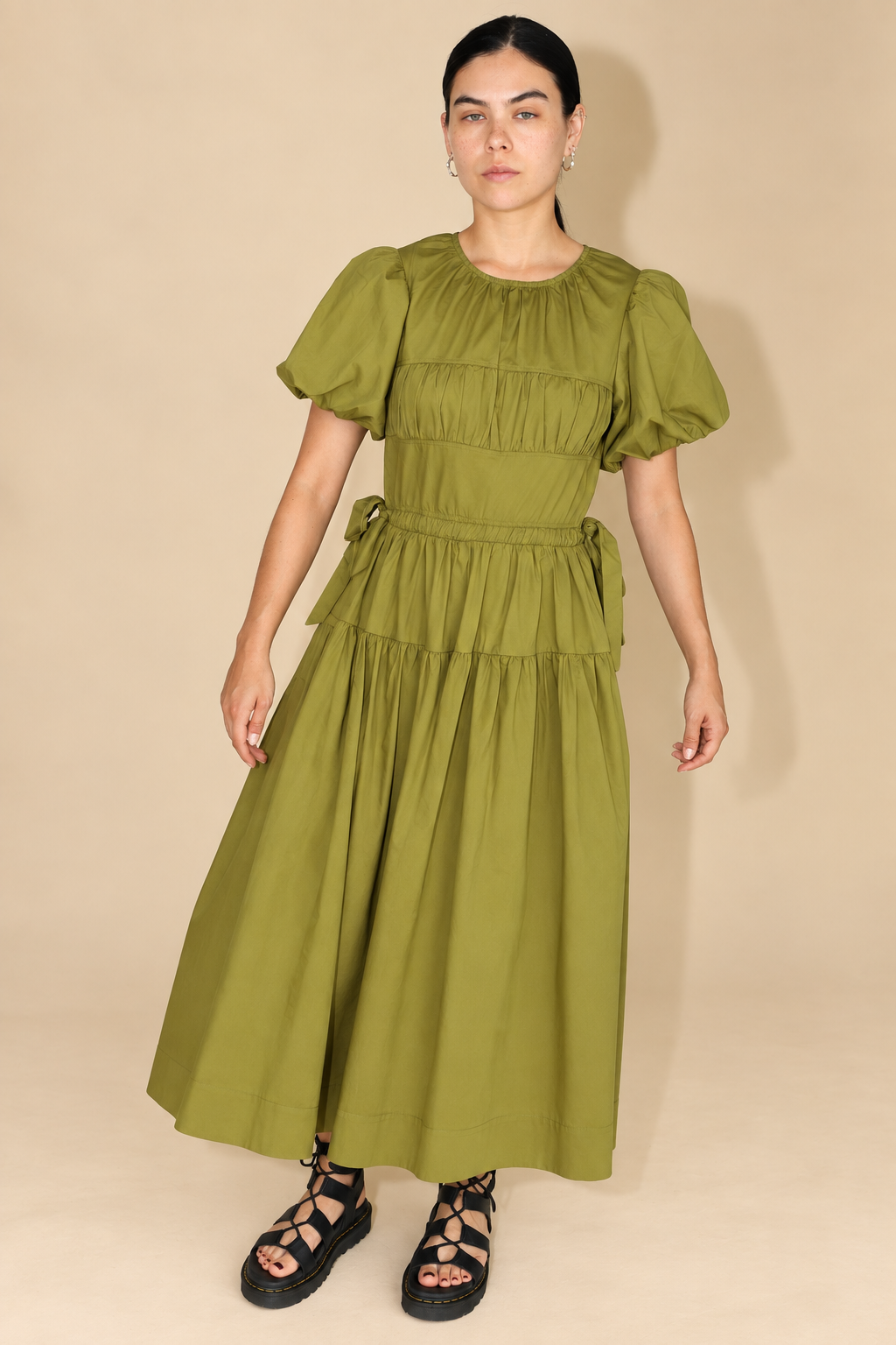 PUFF SLEEVE SIDE TIE MIDI DRESS in CITRON
