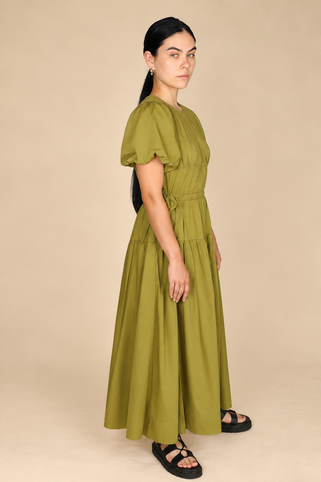 PUFF SLEEVE SIDE TIE MIDI DRESS in CITRON