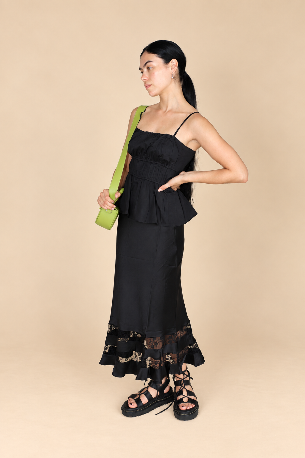 Satin Lace Trim Midi Skirt in black