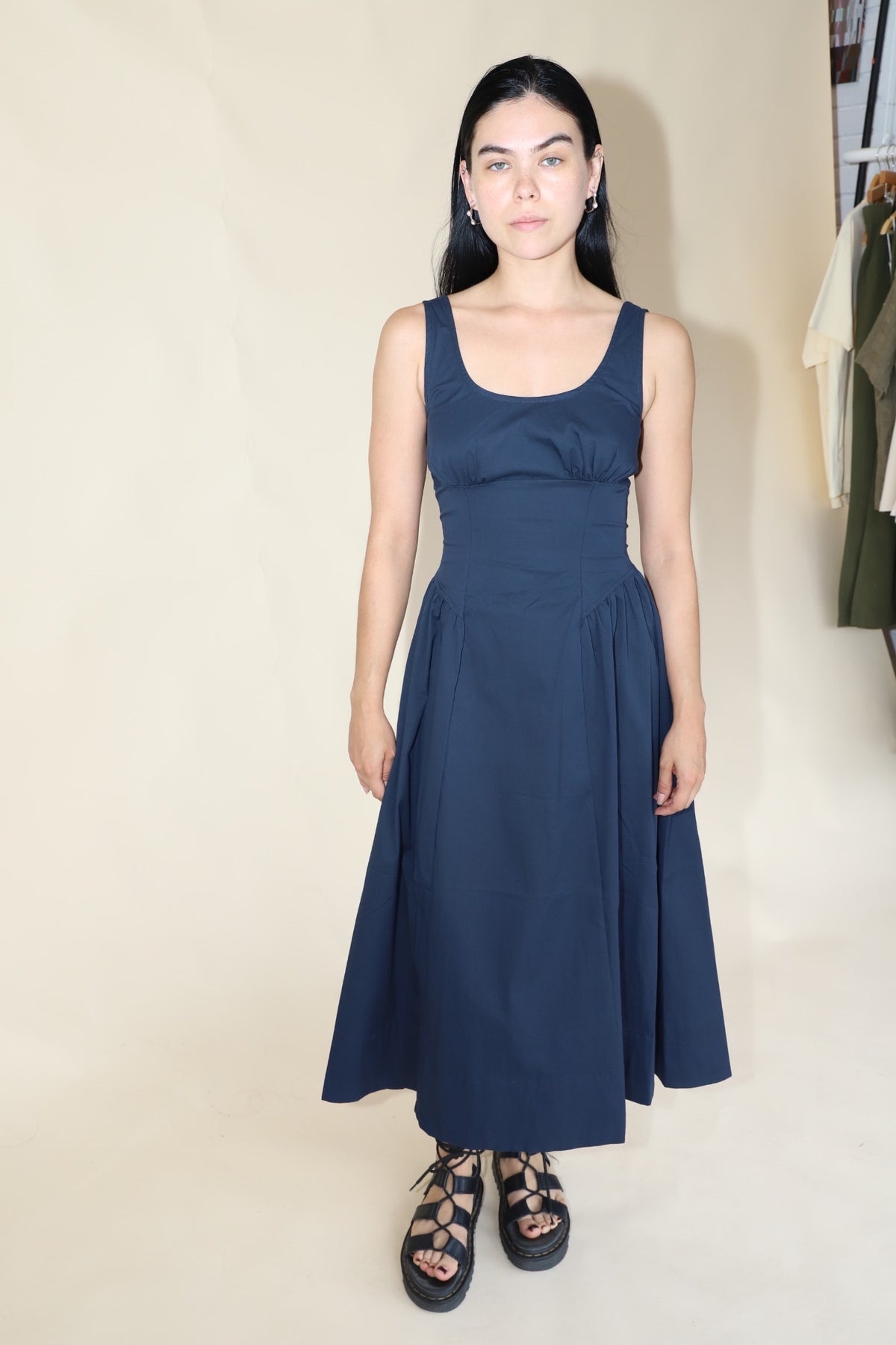 Gathered Waist Midi Dress - NAVY