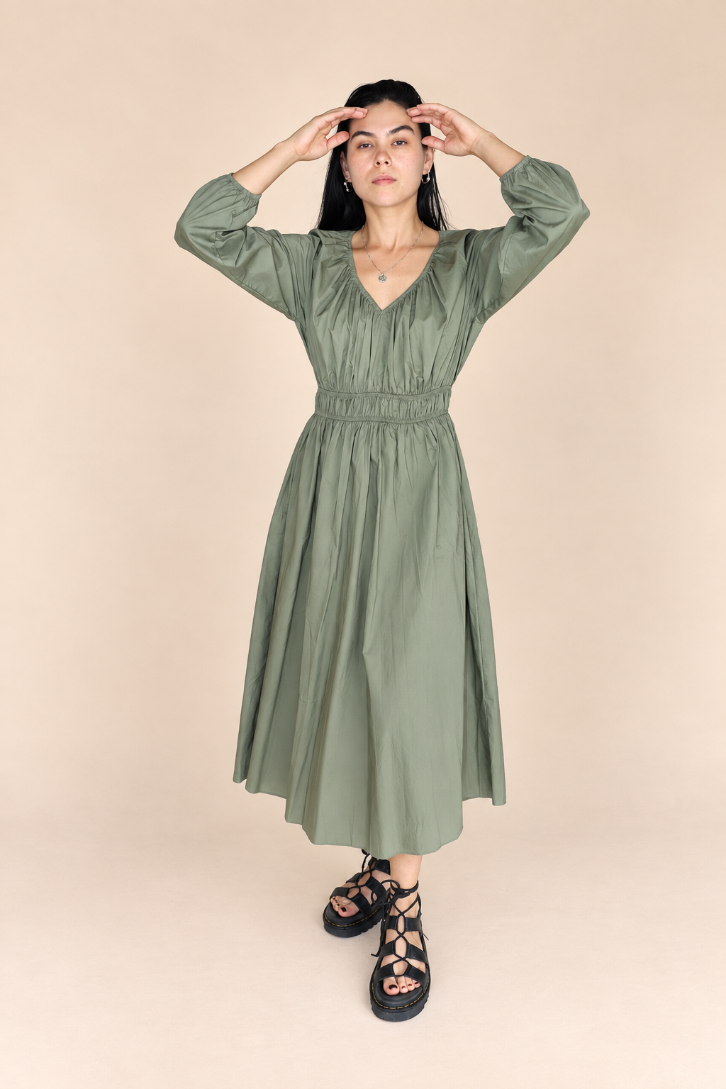 SUMMER COTTON MIDI DRESS: OLIVE SMALL