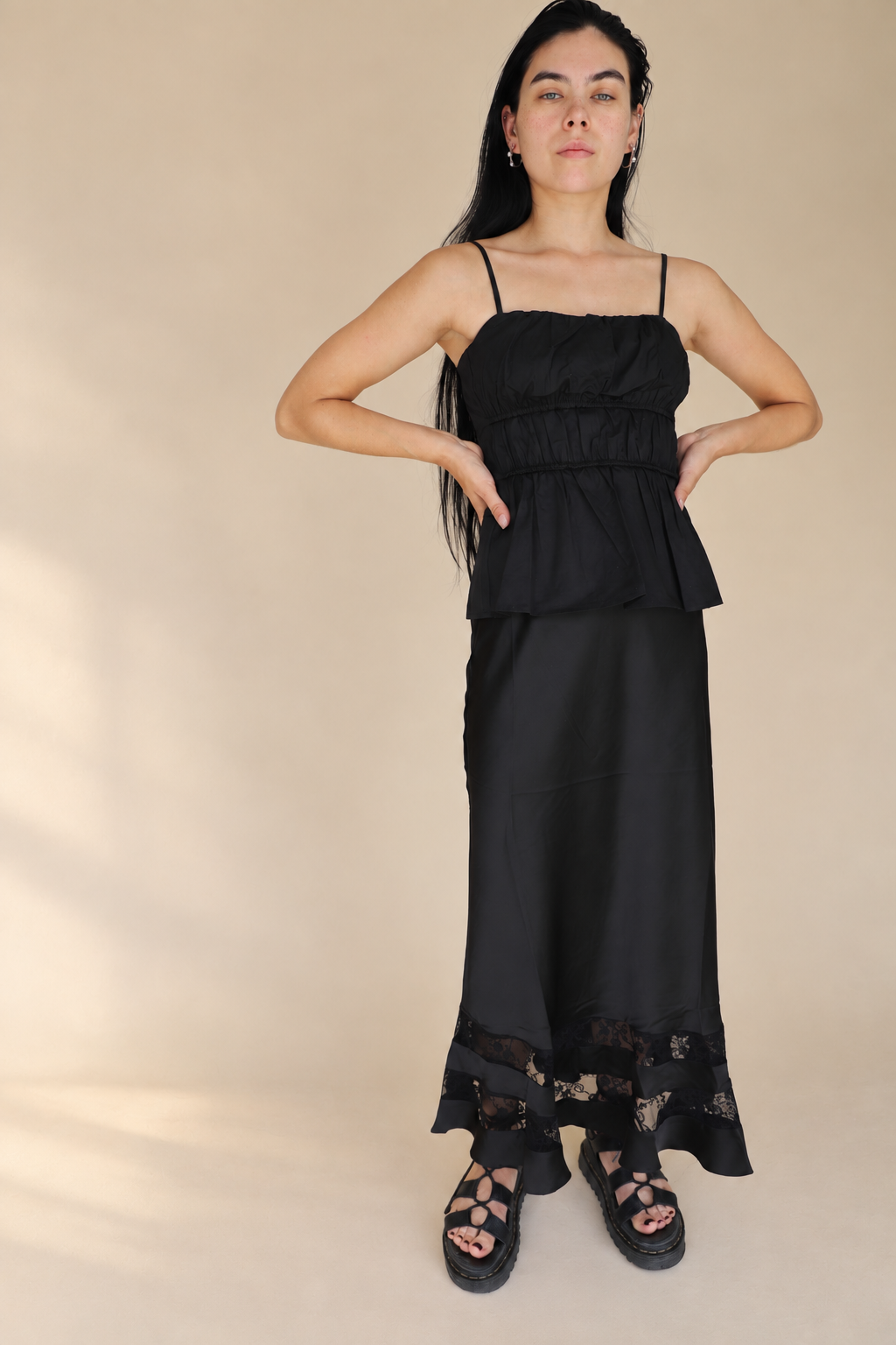 Ruched Peplum Cami Top in black