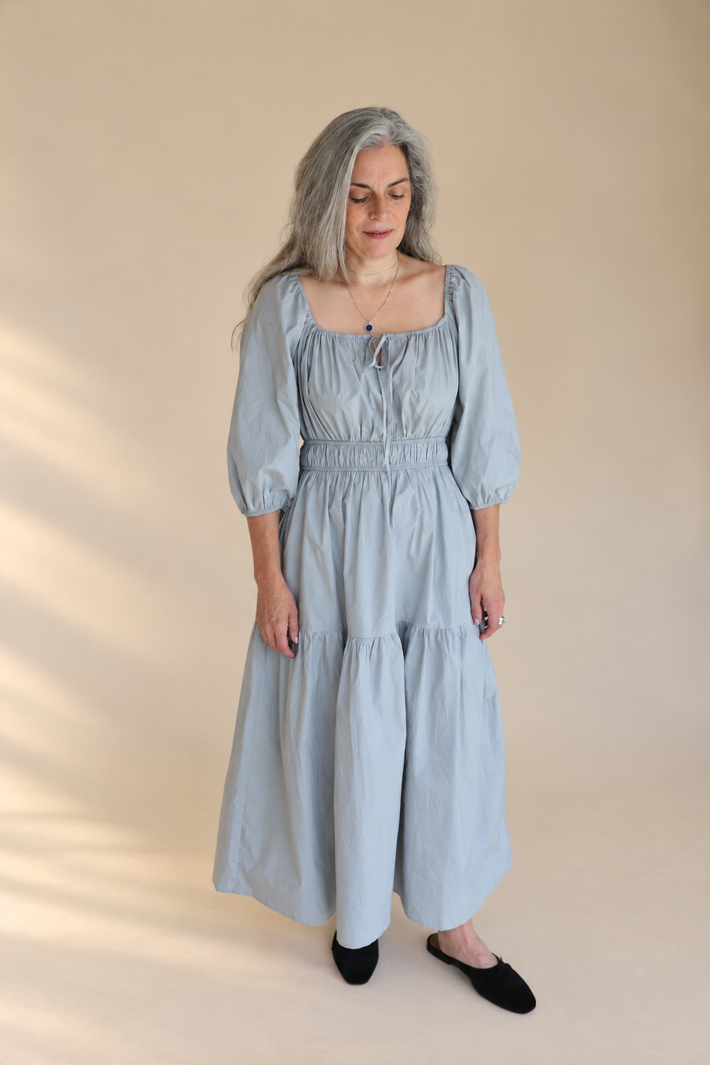 SOLID COTTON MIDI DRESS: DUSTY BLUE  MEDIUM