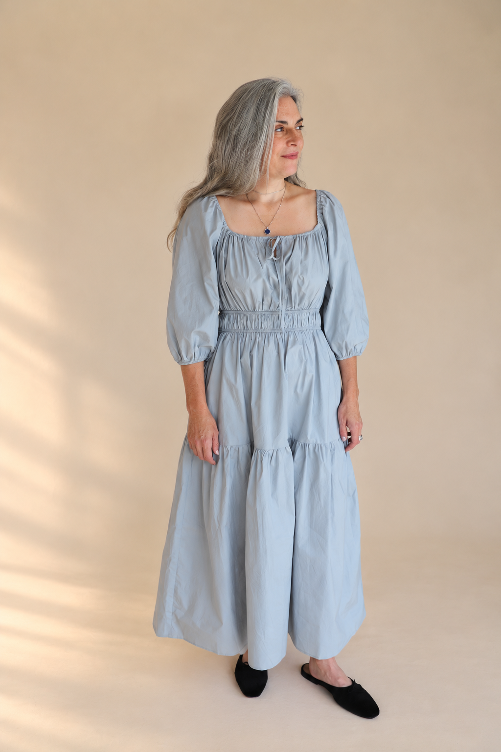 SOLID COTTON MIDI DRESS: DUSTY BLUE  MEDIUM