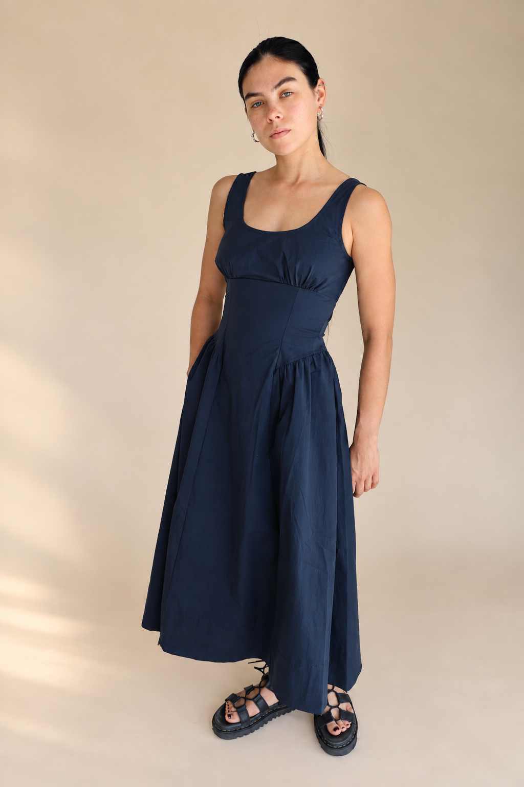 Gathered Waist Midi Dress - NAVY