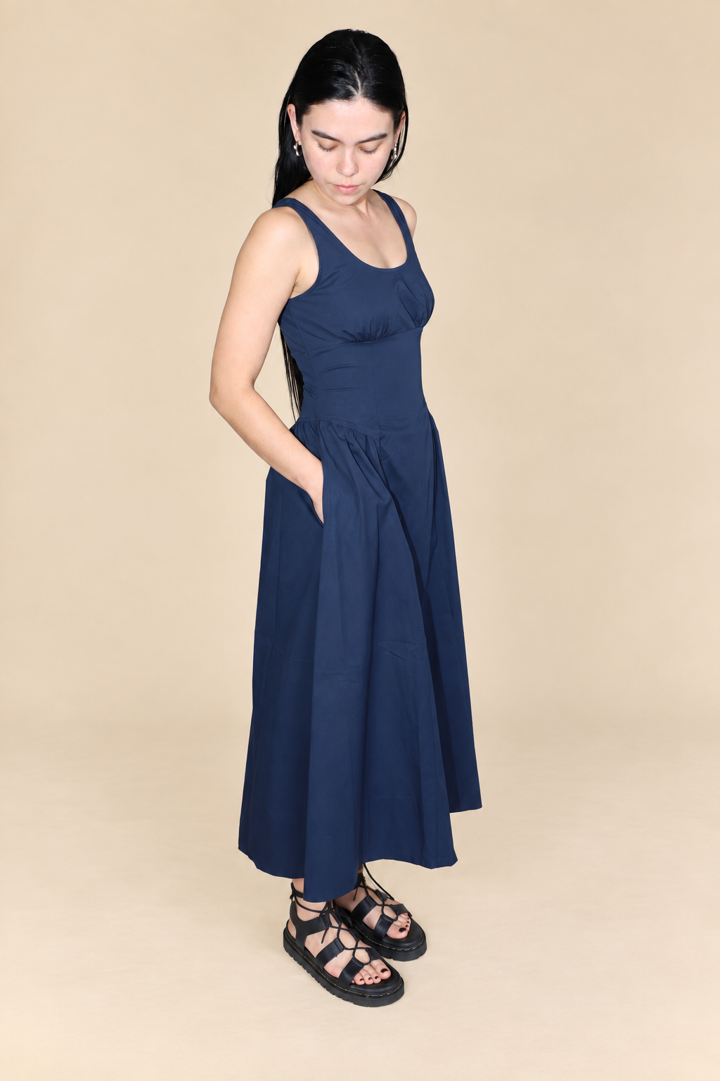 Gathered Waist Midi Dress - NAVY