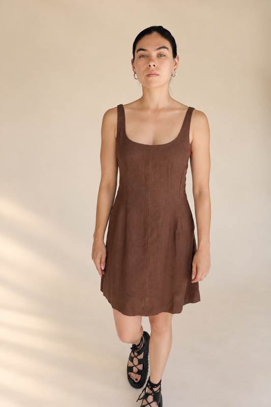Linen Square Neck Mini Dress in brown