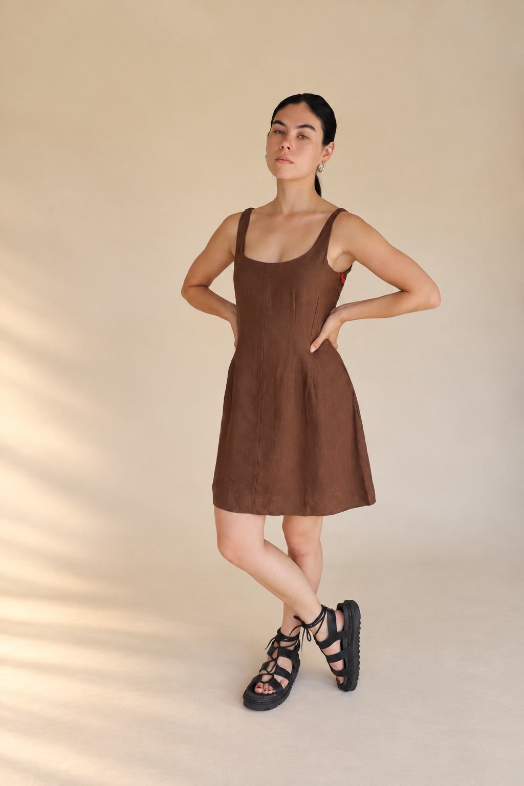 Linen Square Neck Mini Dress in brown