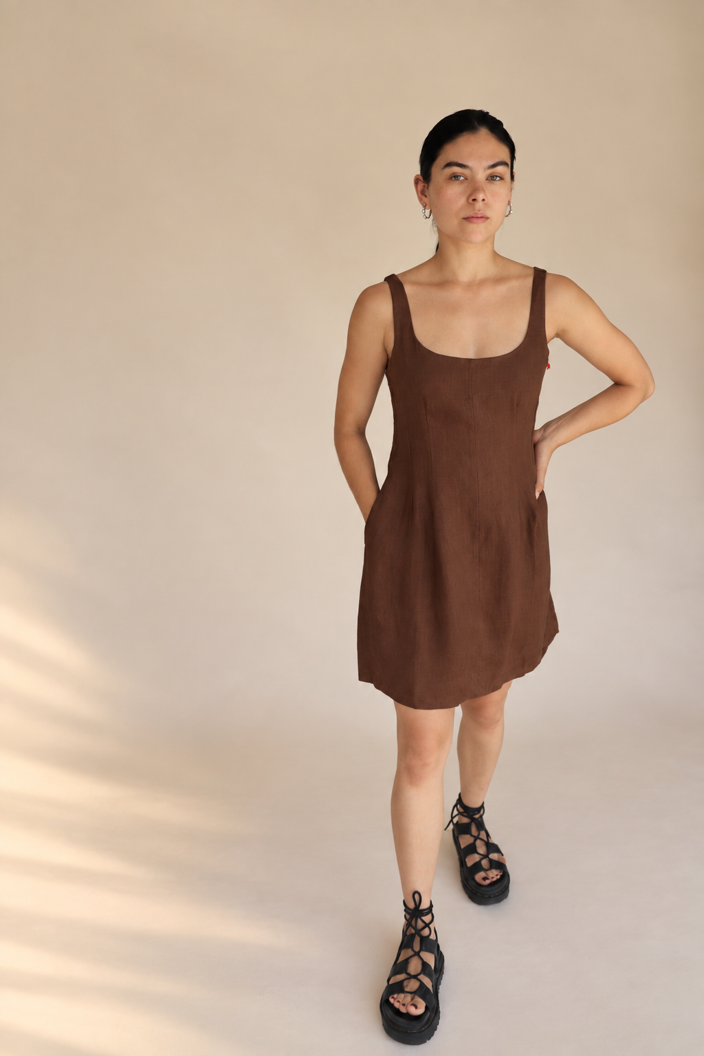 Linen Square Neck Mini Dress in brown