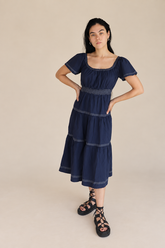 Smocked Waist Tiered Midi Dress in navy